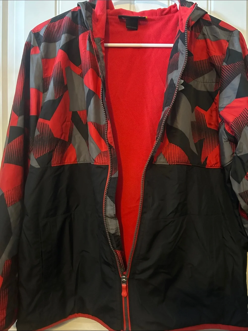 Under Armour Red, Black & Gray Geometric Hooded lined Windbreaker